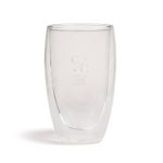 A glass cup with a double wall design, featuring a frosted finish and a logo. Clear and elegant in appearance.