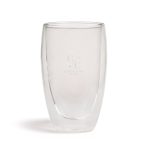 A double wall glass cup, transparent, with a logo, featuring a sleek, modern design ideal for hot or cold beverages.
