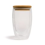 A drink bottle with a transparent double wall glass design and a wooden lid. Suitable for beverages.