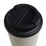 A reusable coffee cup with a light-colored body and a black comfort lid.