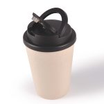 A reusable coffee cup in a light beige color with a black handle lid and a logo.
