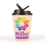 A reusable coffee cup with a light-colored body and a black lid, featuring a colorful logo.