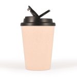 A reusable coffee cup in a light beige color with a black lid and handle. It features a logo.