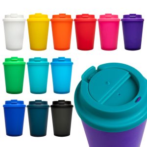 A collection of reusable coffee cups in various colors, featuring a comfort lid and a logo on some cups.