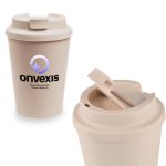 A reusable coffee cup in a light beige colour featuring a comfort lid and a logo.