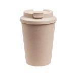 A drink bottle made of eco-friendly material, featuring a beige reusable coffee cup with a comfort lid and branding.