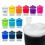 A collection of reusable coffee cups in various colours, featuring clear bodies and snap lids, including one with a logo.