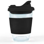 A reusable coffee cup with a clear body and a black snap lid and sleeve for grip.