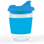 A reusable coffee cup with a transparent body and a vibrant blue snap lid and sleeve.