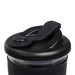 A reusable coffee cup with a snap lid in a dark color, featuring a black exterior and clear upper section.