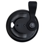 A black snap lid for a reusable coffee cup, featuring a secure closure and a handle for easy handling.