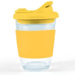 A reusable coffee cup featuring a clear body and a bright yellow silicone sleeve and snap lid.