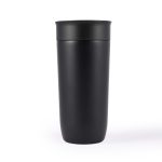 A stainless steel coffee cup with a sleek black finish and a matching lid, designed for reusable drinkware.