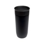 A stainless steel coffee cup in a sleek black design, featuring a tight-fitting lid.
