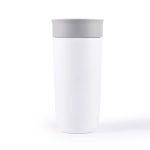 A stainless steel coffee cup with a sleek white body and a grey lid.