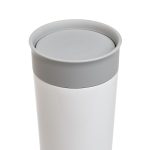 A stainless steel coffee cup with a sleek design and a grey lid.