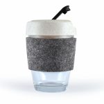 A reusable coffee cup featuring a clear glass design with a textured grey RPET band and a light-colored lid.