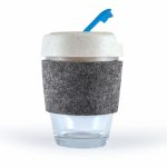 A reusable coffee cup featuring a clear glass base, a textured gray RPET band, and a white lid with a blue straw.