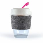 A reusable coffee cup featuring a transparent bottom, a textured gray band, and a light-colored lid with a pink straw.
