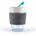 A reusable coffee cup with a textured gray band, a light-colored lid, and a teal straw. It features a logo.