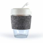 A reusable coffee cup with a frosted lid, featuring a grey felt band for insulation.