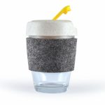 A reusable coffee cup with a clear base, white lid, grey RPET band, and a yellow straw. It features a logo.