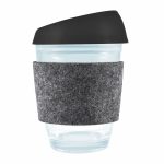 A reusable coffee cup featuring a clear design, a black silicone lid, and a gray RPET band for grip.