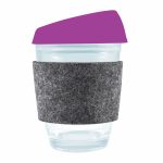 A reusable coffee cup featuring a clear design, a purple silicone lid, and a grey RPET band for grip.