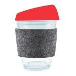 A reusable coffee cup featuring a transparent design, a bright red silicone lid, and a grey RPET band for grip.