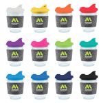 A row of reusable coffee cups in various colors with a band and lid, featuring a logo.