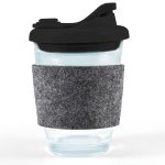 A reusable coffee cup with a clear body, black snap lid, and a gray RPET band for insulation.