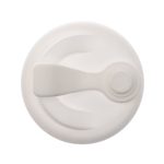 A reusable coffee cup lid made from RPET material, featuring a snap closure for easy access.