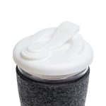 A reusable coffee cup featuring a clear body, a white snap lid, and a dark grey RPET band for insulation and grip.