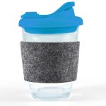 A reusable coffee cup featuring a clear body, a blue snap lid, and a gray RPET band for grip.