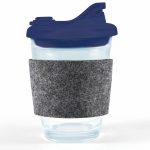 A reusable coffee cup featuring a clear body, a dark blue snap lid, and a gray RPET band for grip.