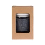 A reusable black coffee cup with a snap lid and RPET band, displayed in a cardboard box.