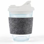 A reusable coffee cup with a clear body, snap lid, and a gray RPET band for grip.