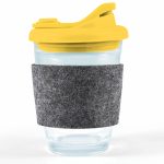 A drinkware item featuring a clear coffee cup with a yellow snap lid and a gray RPET band for grip.