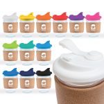 A collection of reusable coffee cups with cork bands and colorful snap lids in various colors. Each cup has a logo.