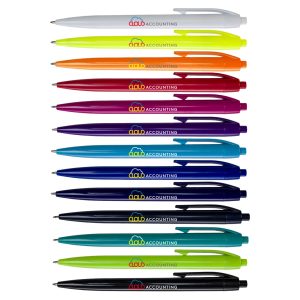 A collection of colorful plastic pens in various bright colors, each featuring a logo.