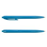 A blue plastic pen featuring a sleek design and a clip. The image displays two angles of the pen.