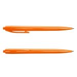 An orange plastic pen with a clip and a sleek design, featuring a rounded tip and a smooth barrel.