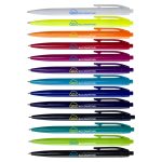 A collection of plastic pens in various colors including white, orange, pink, purple, and black. Each pen features a logo.