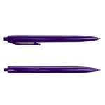 A purple plastic pen displayed from two angles, featuring a clip and a smooth design. It has a branding logo.