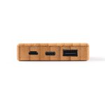 A bamboo power bank with a capacity of 5,000mAh featuring one USB-A port and two USB-C ports.