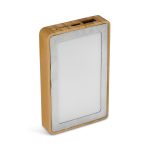 A rectangular power bank with a bamboo exterior and a white panel on the front, featuring USB ports and a logo.
