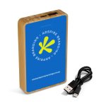 A blue power bank with a bamboo backing and a small USB cable included. It features a logo on the front.