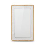A power bank with a bamboo frame and smooth white surface, featuring a logo on the front.