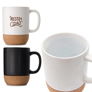 A ceramic mug with a cork base, featuring a white and black colour scheme and a logo.