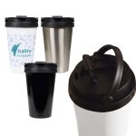 A drink bottle set featuring three Milano Vacuum Cups in white, black, and stainless steel with a black lid and handle.